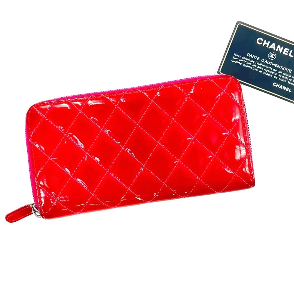 CHANEL Patent Quilted Zip Around Long Wallet Pink Salmon 14 Series (2011)